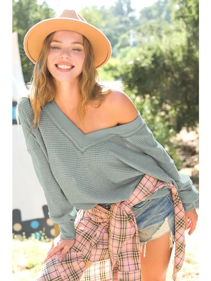 Sage Loose Fit V-Neck Waffle Knit Top