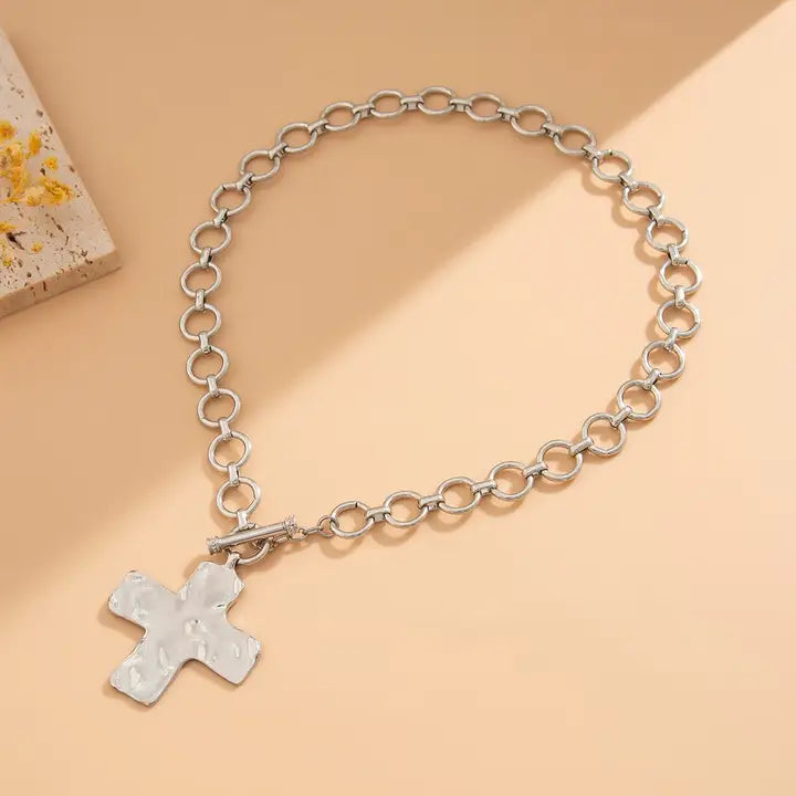 Silver Hammered Cross Front Necklace