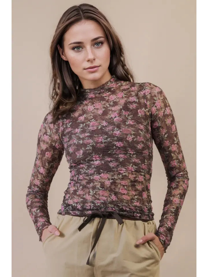 Brown Floral Mesh Top