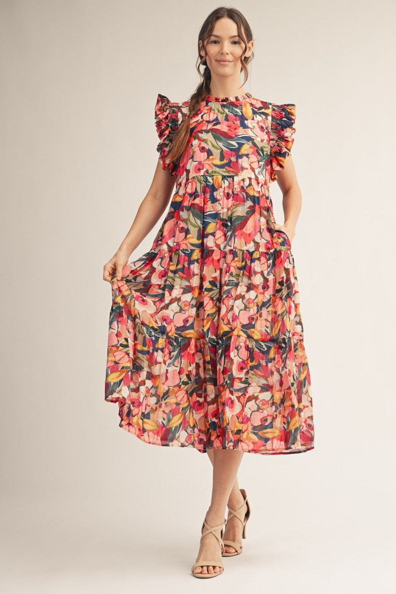 Ruffled Sleevless Floral Midi Dress