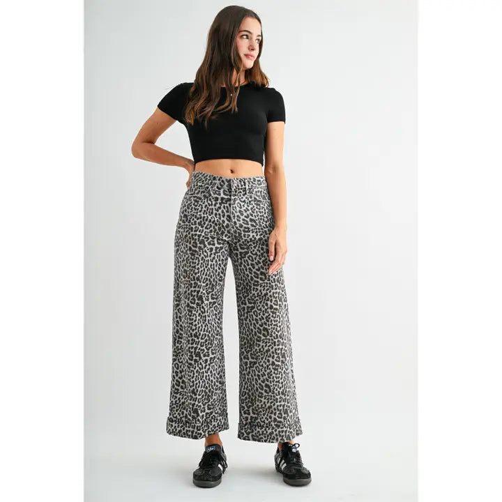High-Rise Wide Leg Cropped Cuff Leopard Jeans