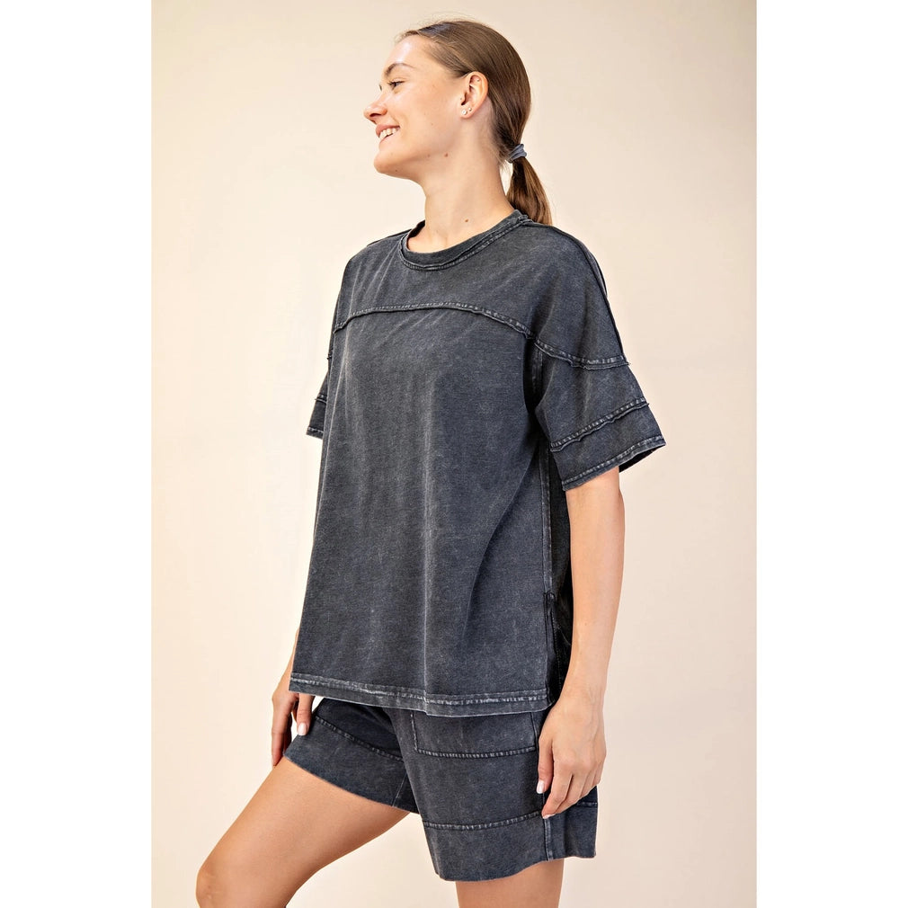 Plus Mineral Washed Cotton Short Sleeve Pants Set