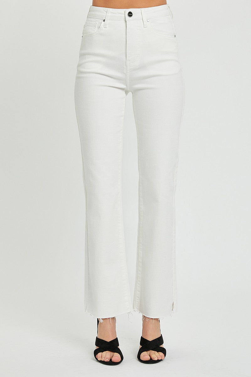 Risen White Tummy Control Raw Hem Side Slit Jeans