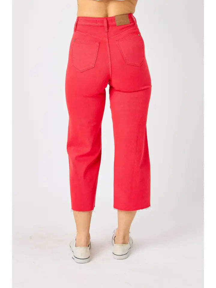 Judy Blue Red Garment Dyed Tummy Control Crop Wide Leg Jeans