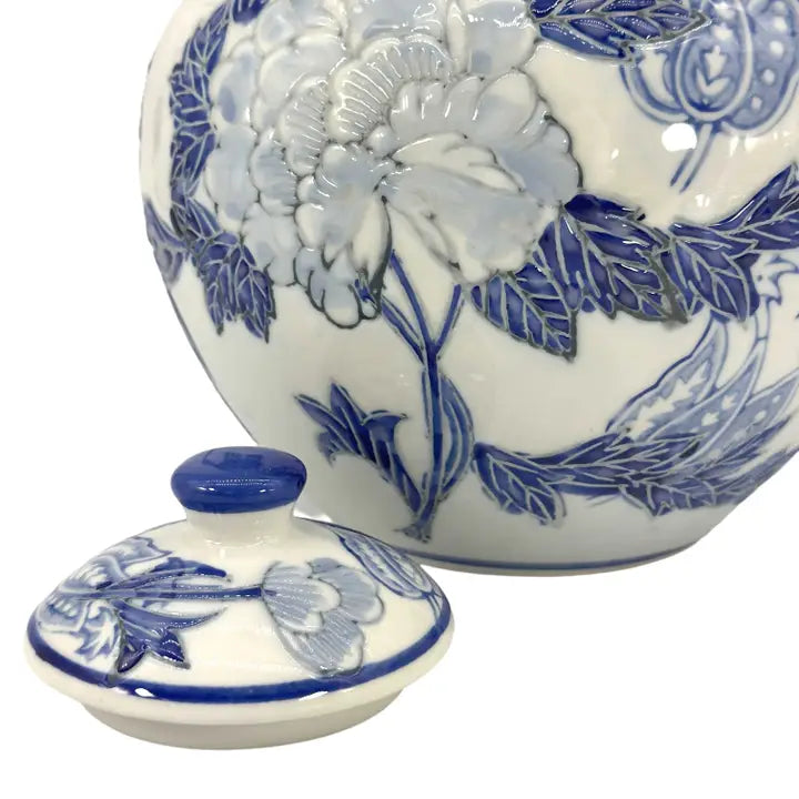Blue & White Floral Ceramic Chinoiserie Ginger Jar