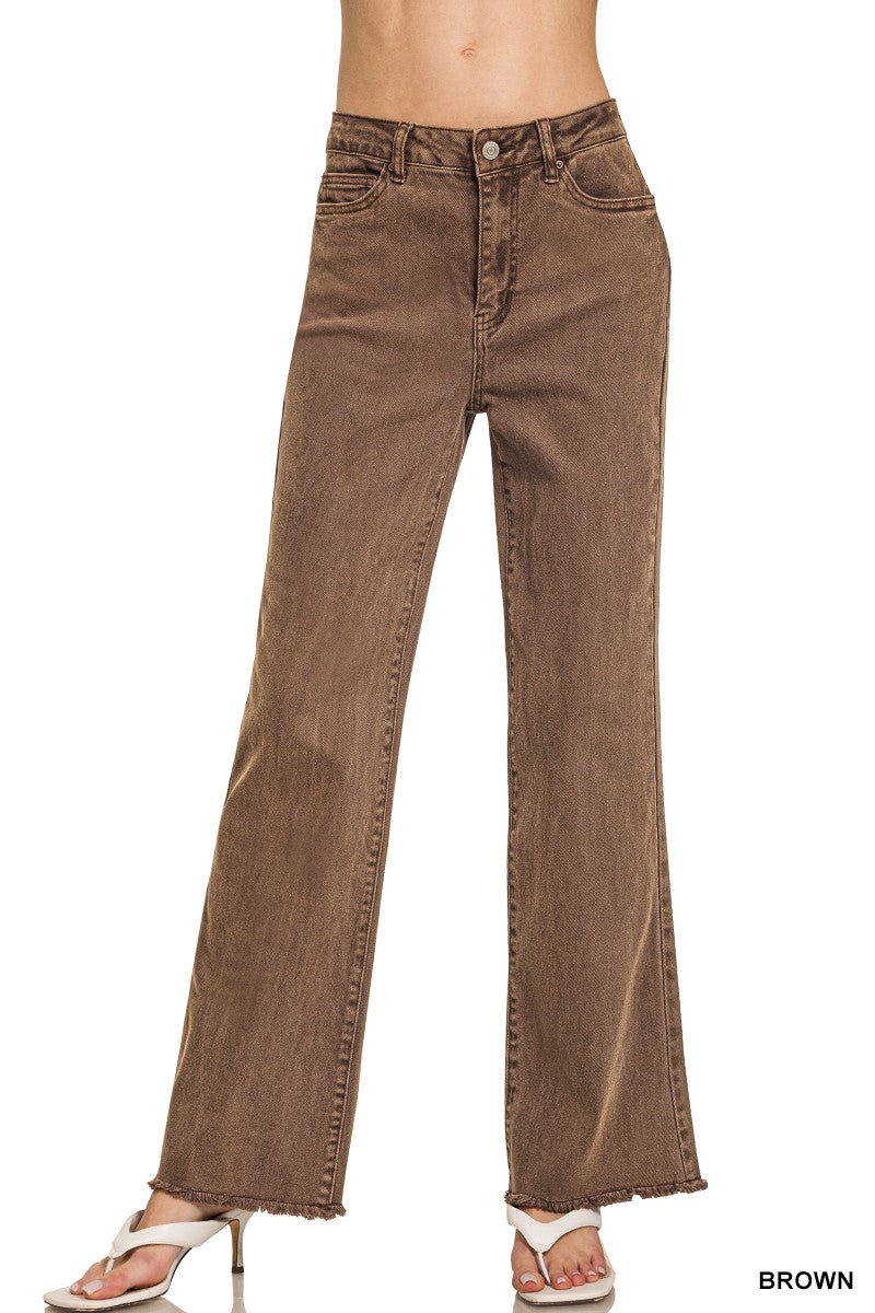 Zenana Long Brown Acid Wash Pants