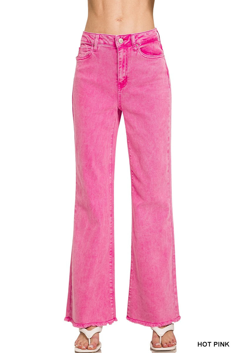 Zenana Hot Pink Long Acid Wash Pants