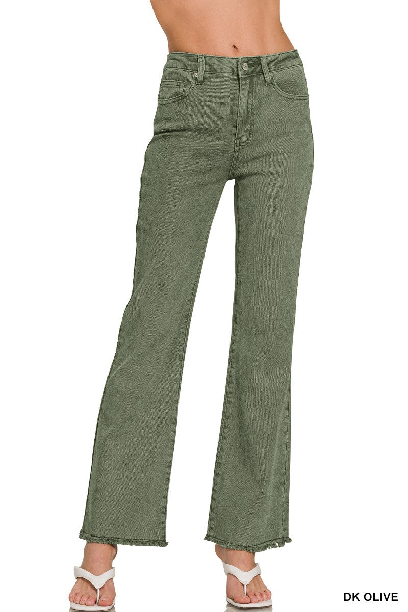Zenana Long Dark Olive Acid Wash Pants