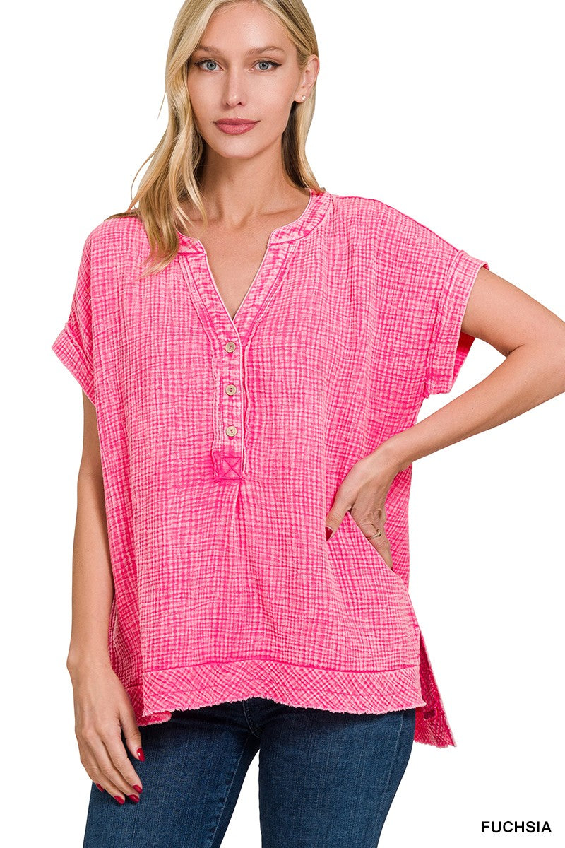 Fushia Gauze Henley Top
