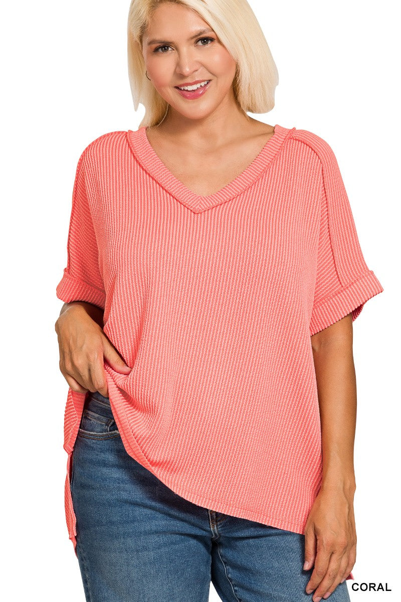 Plus Coral Ribbed Top