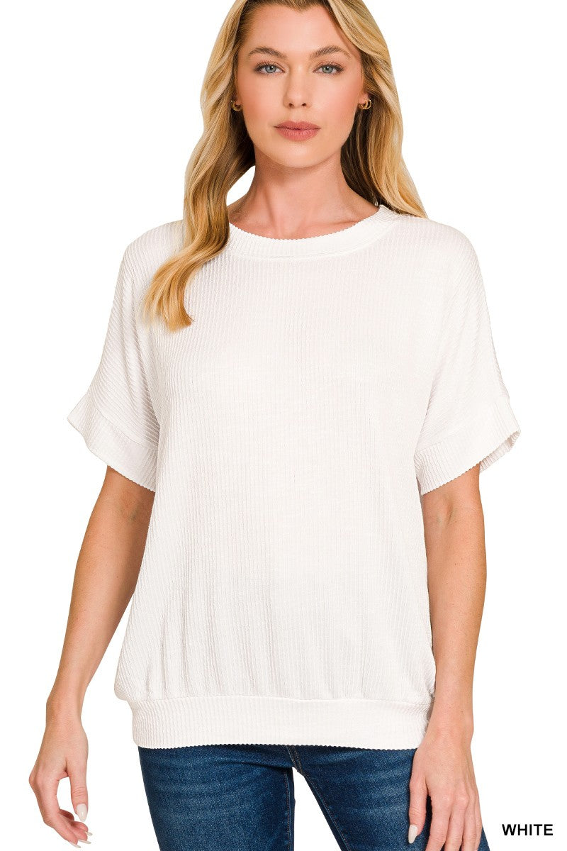 White Corded Rib Short Sleeve Top