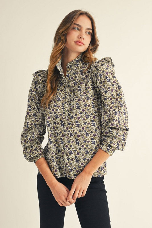 Ivory Ruffle Accent Floral Top