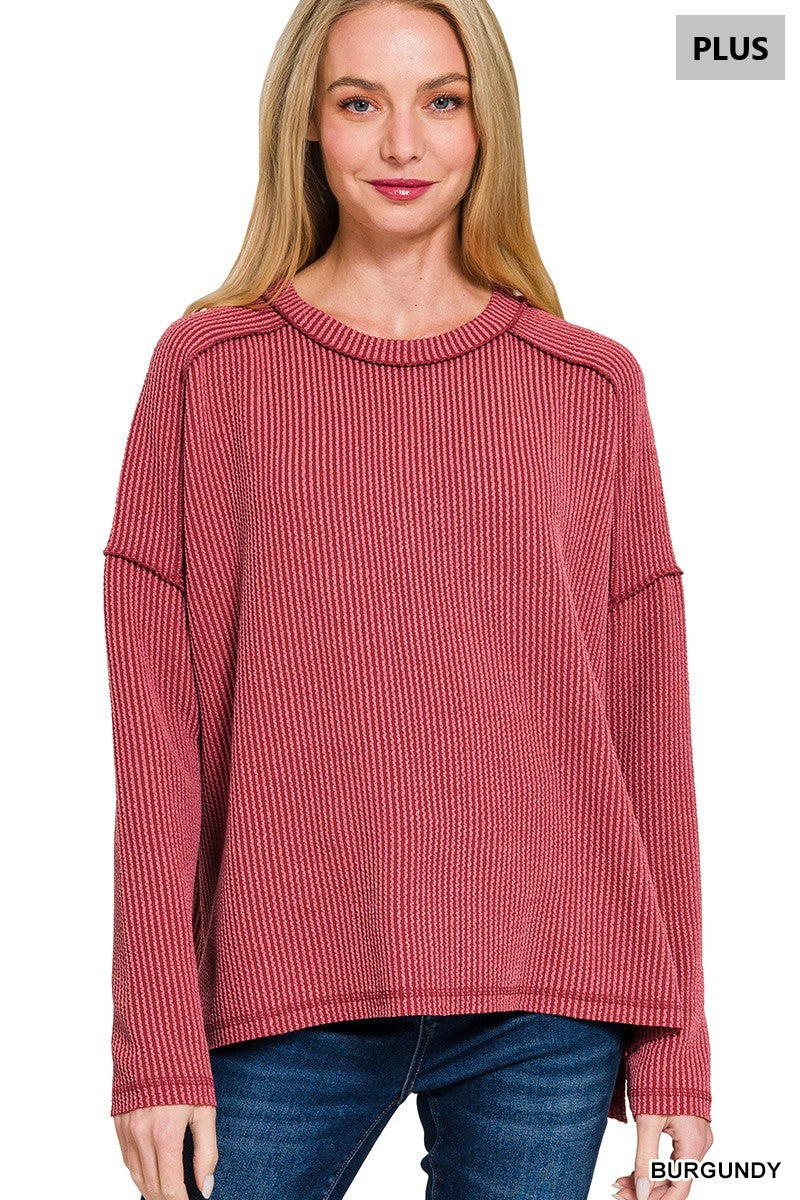 Plus Burgundy Ribbed Long Sleeve Top
