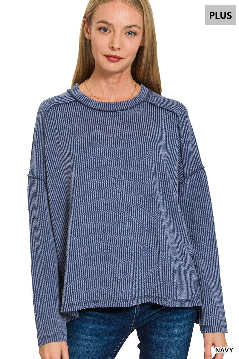 Plus Navy Ribbed Long Sleeve Top