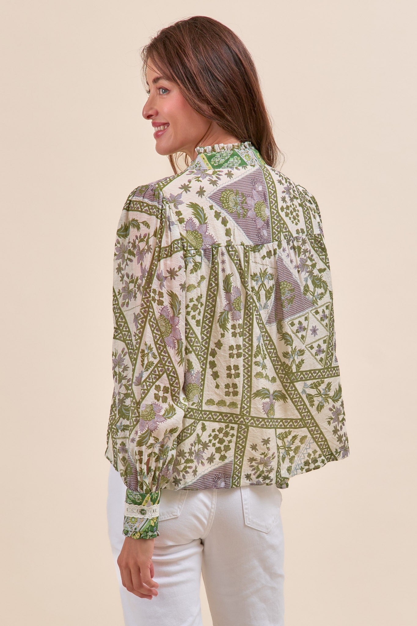 Patchwork Print Lace Trim Blouse