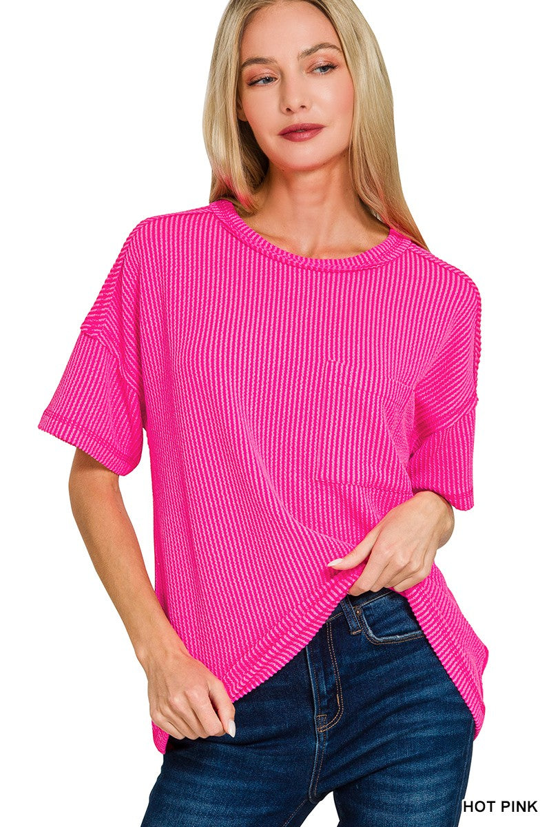 Hot Pink Raised Rib Exposed Seam Top