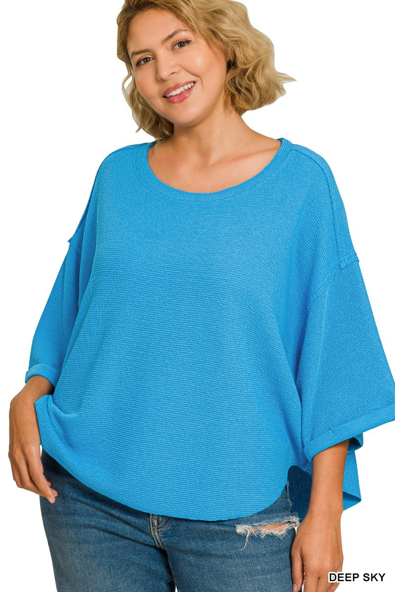 Plus Deep Sky Double Knit Exposed Seam Top