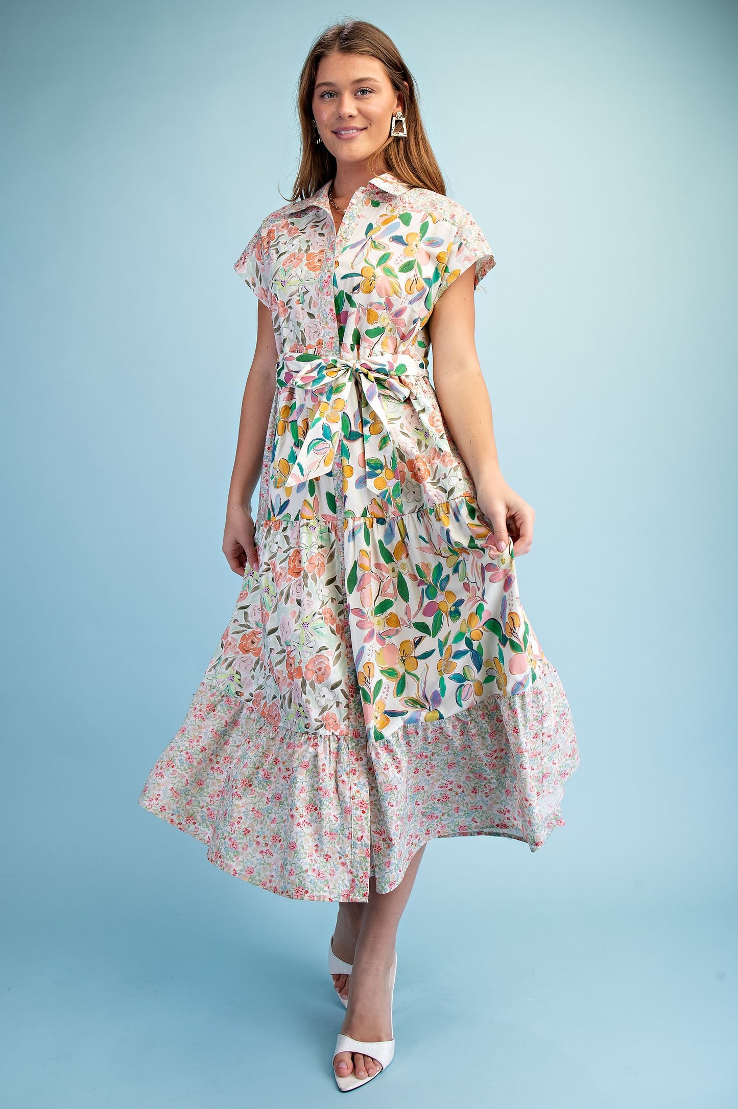 Coral Mix Floral Print Midi Dress