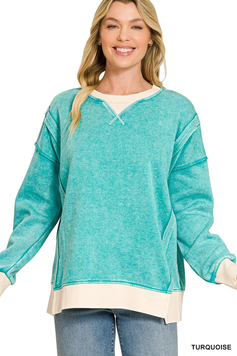 Turquoise Fleece Acid Wash Pullover