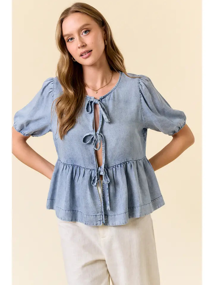 Puff Short Sleeve Bow Tie Blouse