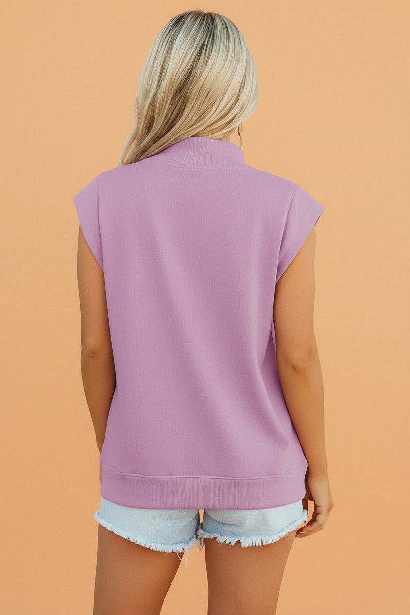 Solid Mock Neck Cap Sleeve Top Phalaenopsis