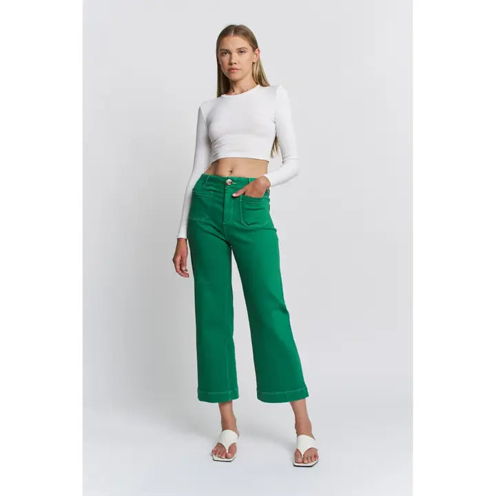 Green Cropped Acid Wash Jeans