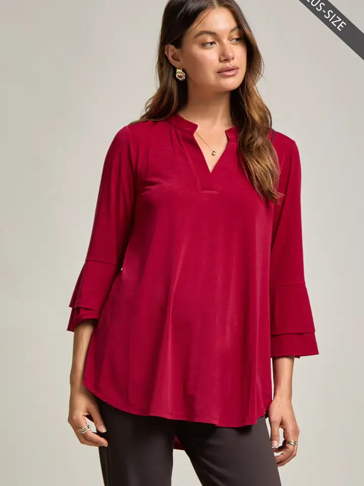 Plus Solid Jewel Red Ruffle Sleeve Top
