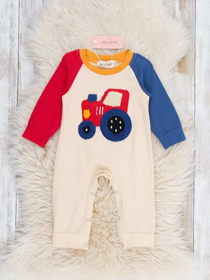 Tractor Trail Embroidered Colorblock Romper