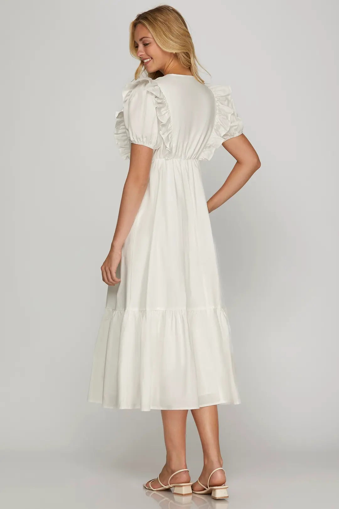 White Short Sleeve Pintuck Midi Dress