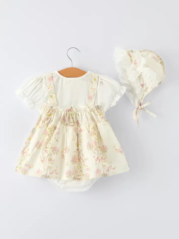 Floral Baby Girl Romper with Bow Ruffle and Hat