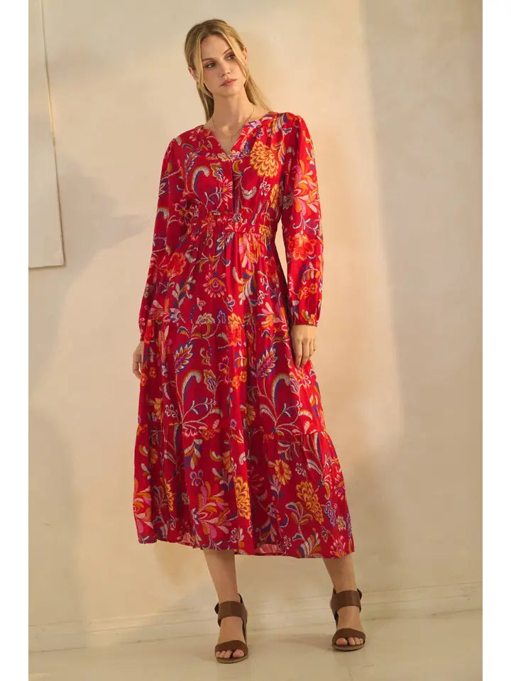 Floral Printed Long Sleeve Midi Dress