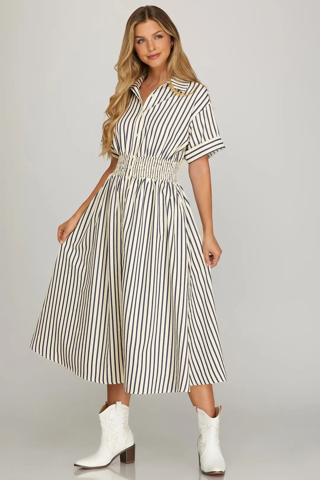 Navy Half Sleeve Striped Midi Dress