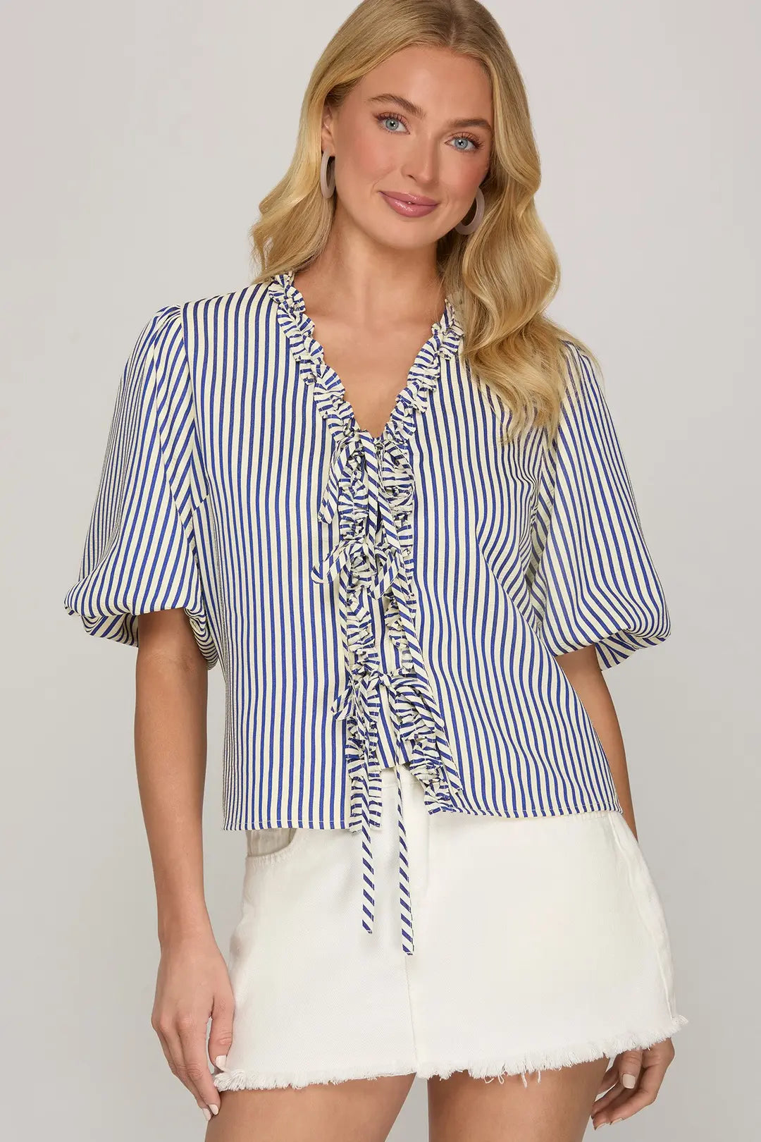 Navy Puff Sleeve Stripe Top