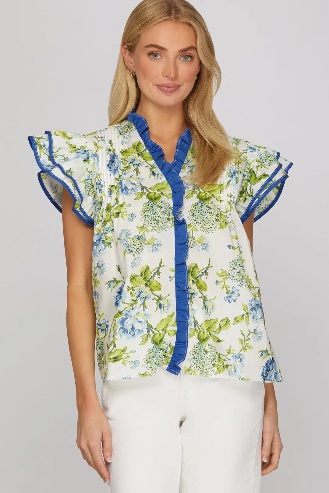 Blue Ruffle Sleeve Top