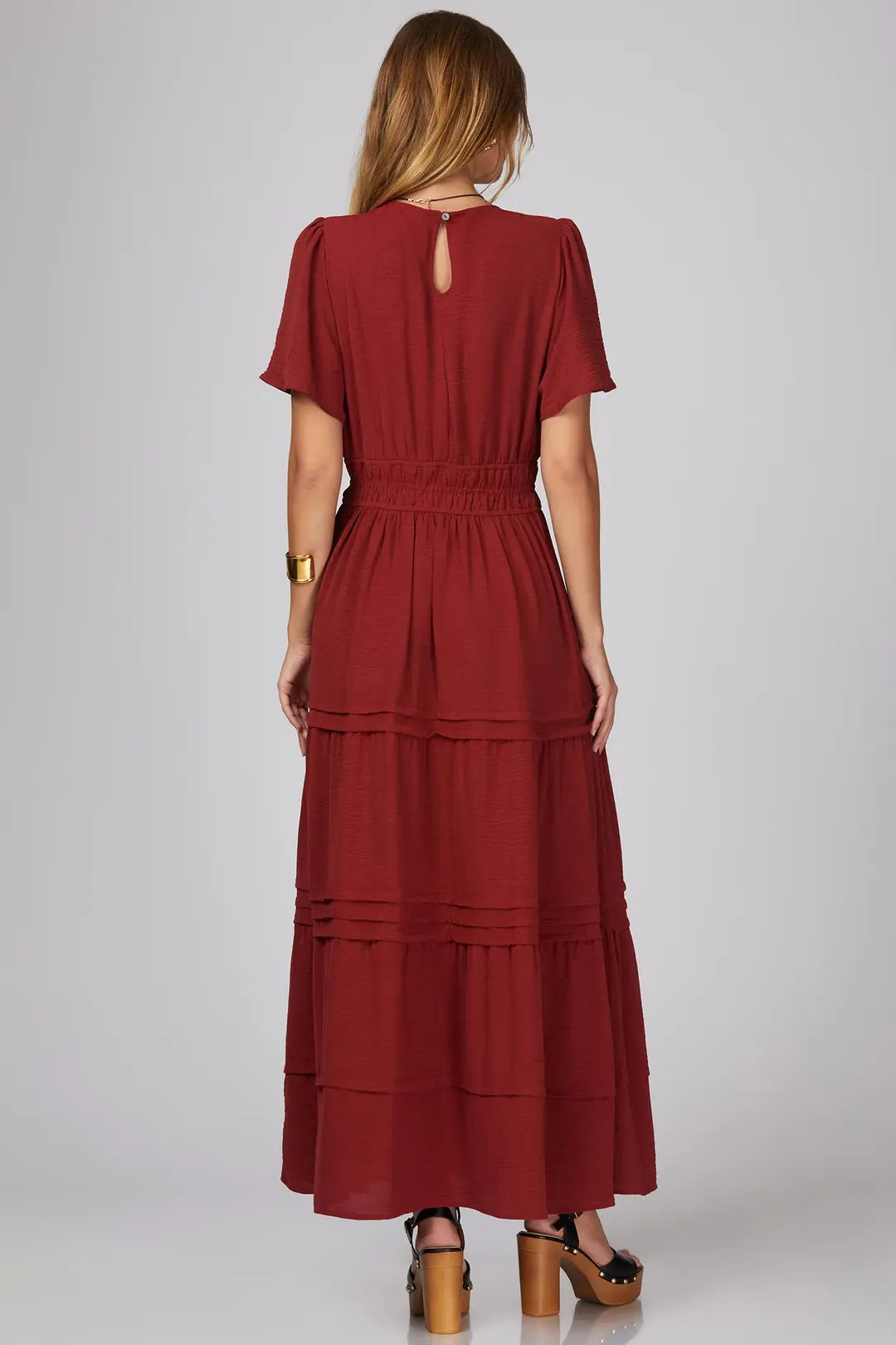Wine Half Sleeve Tiered Dress