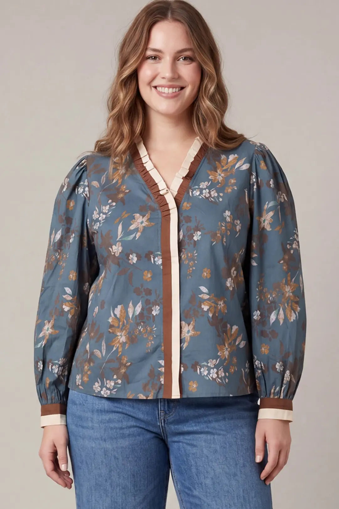 Plus Dusty Blue Long Sleeve Printed Top