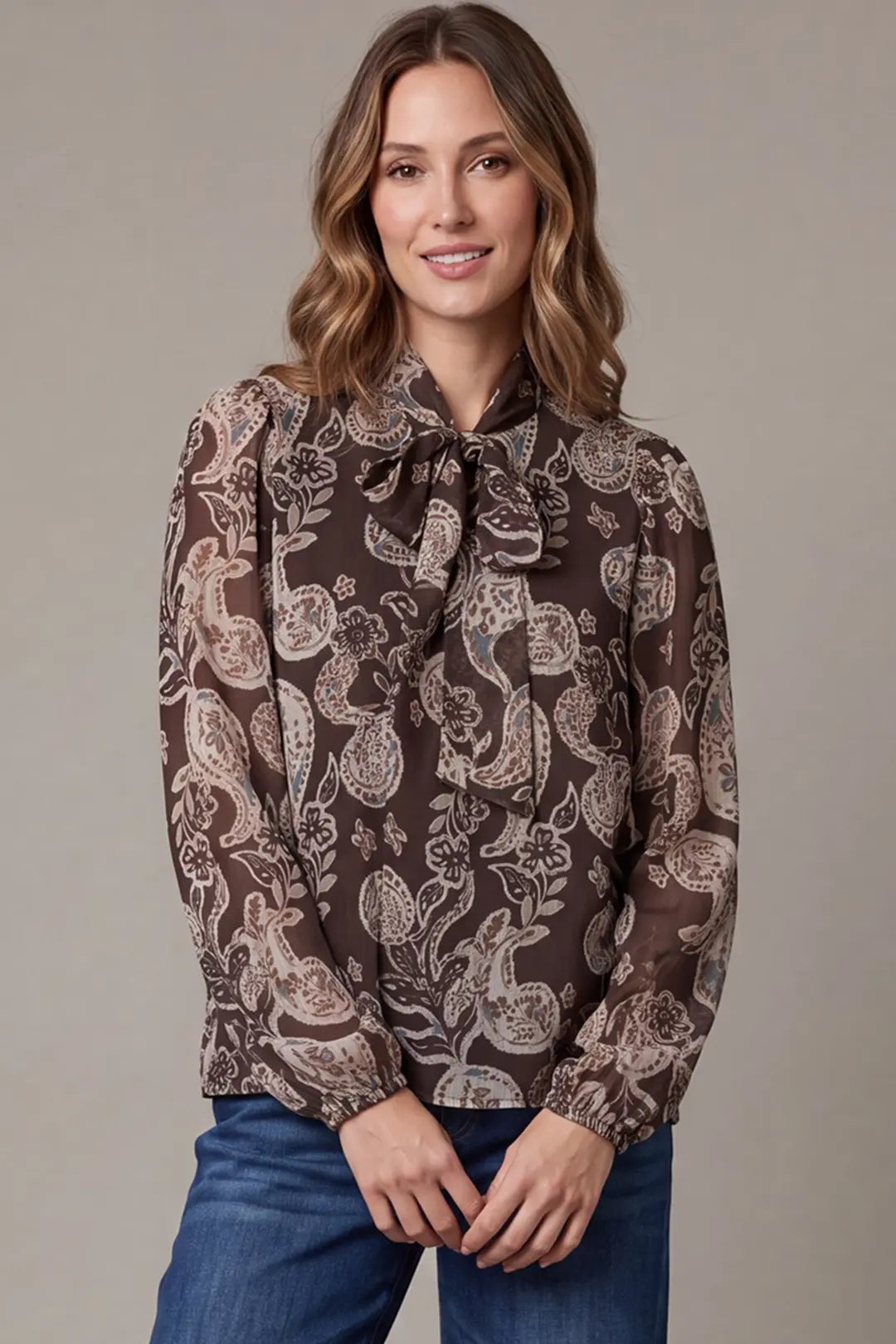 Brown Long Sleeve Woven Top