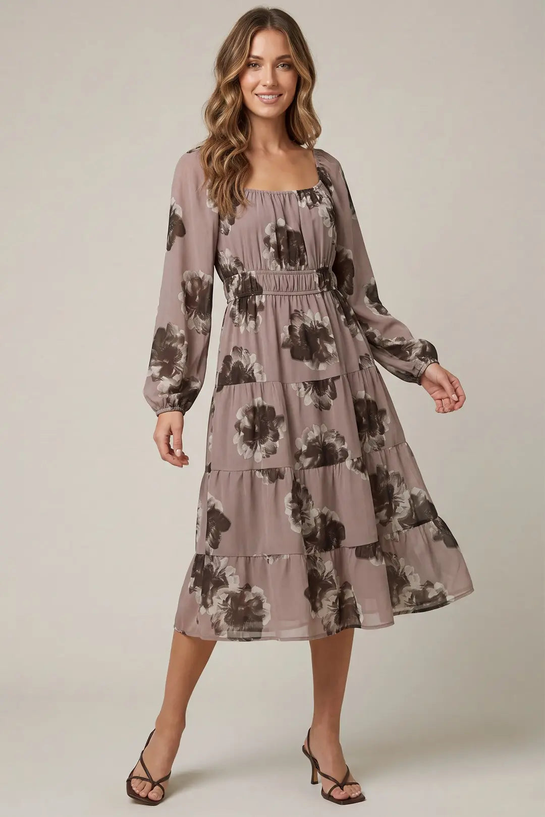 Mocha Long Sleeve Chiffon Print Tiered Dress