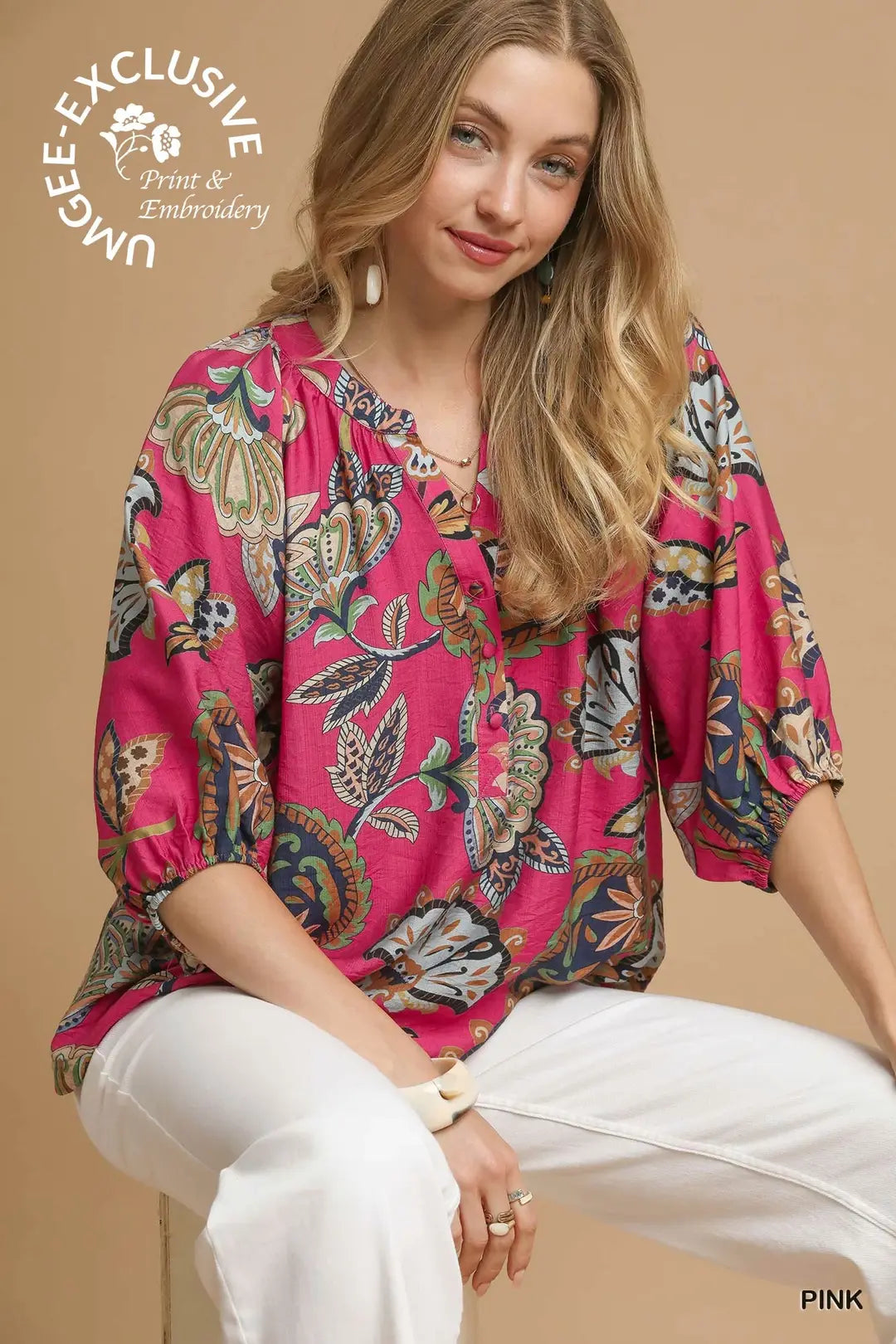 Pink Boho Paisley Puff Sleeve Blouse