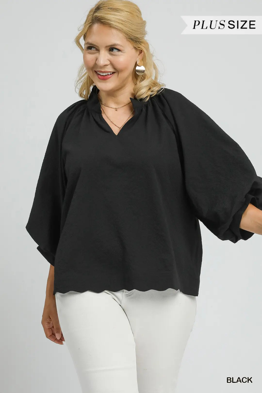 Black Textured Scallop Hem Blouse