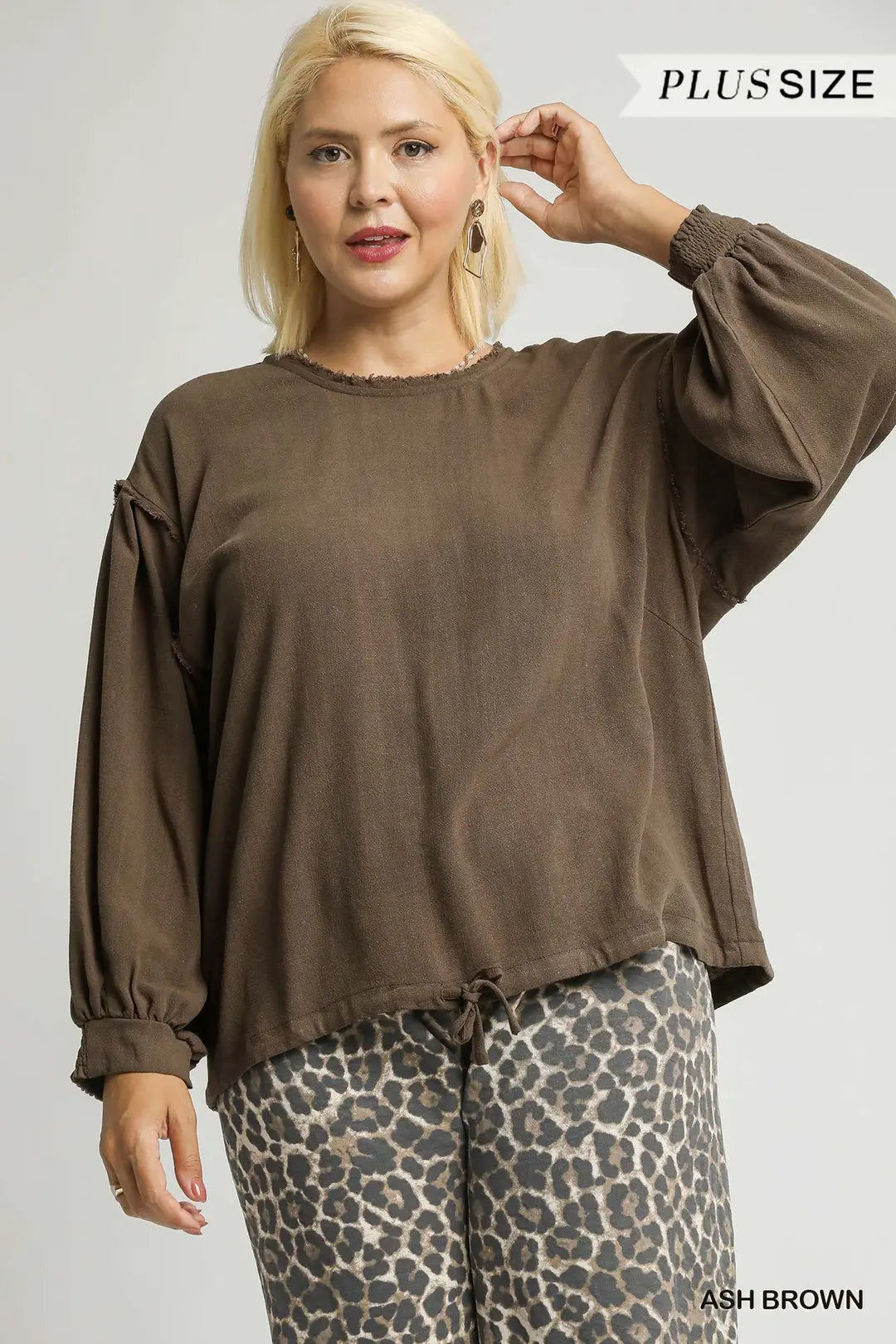Plus Ash Brown Linen Long Sleeve Top