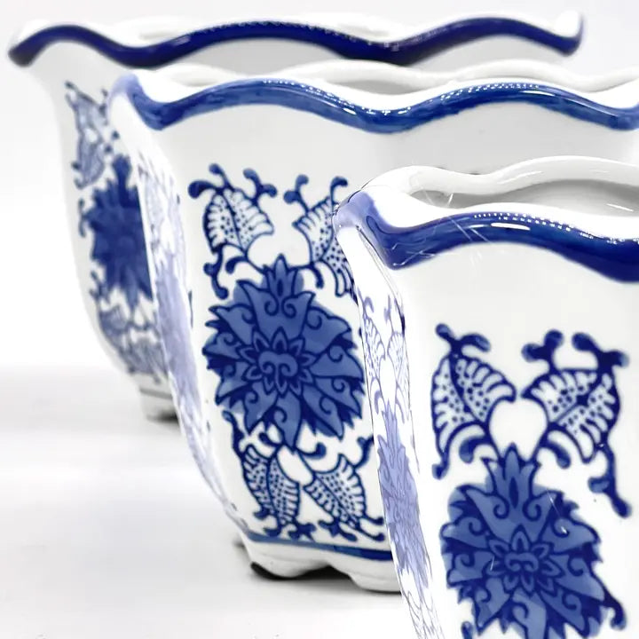 Set of 3 Blue & White Floral Ceramic Pots Ruffled Lip