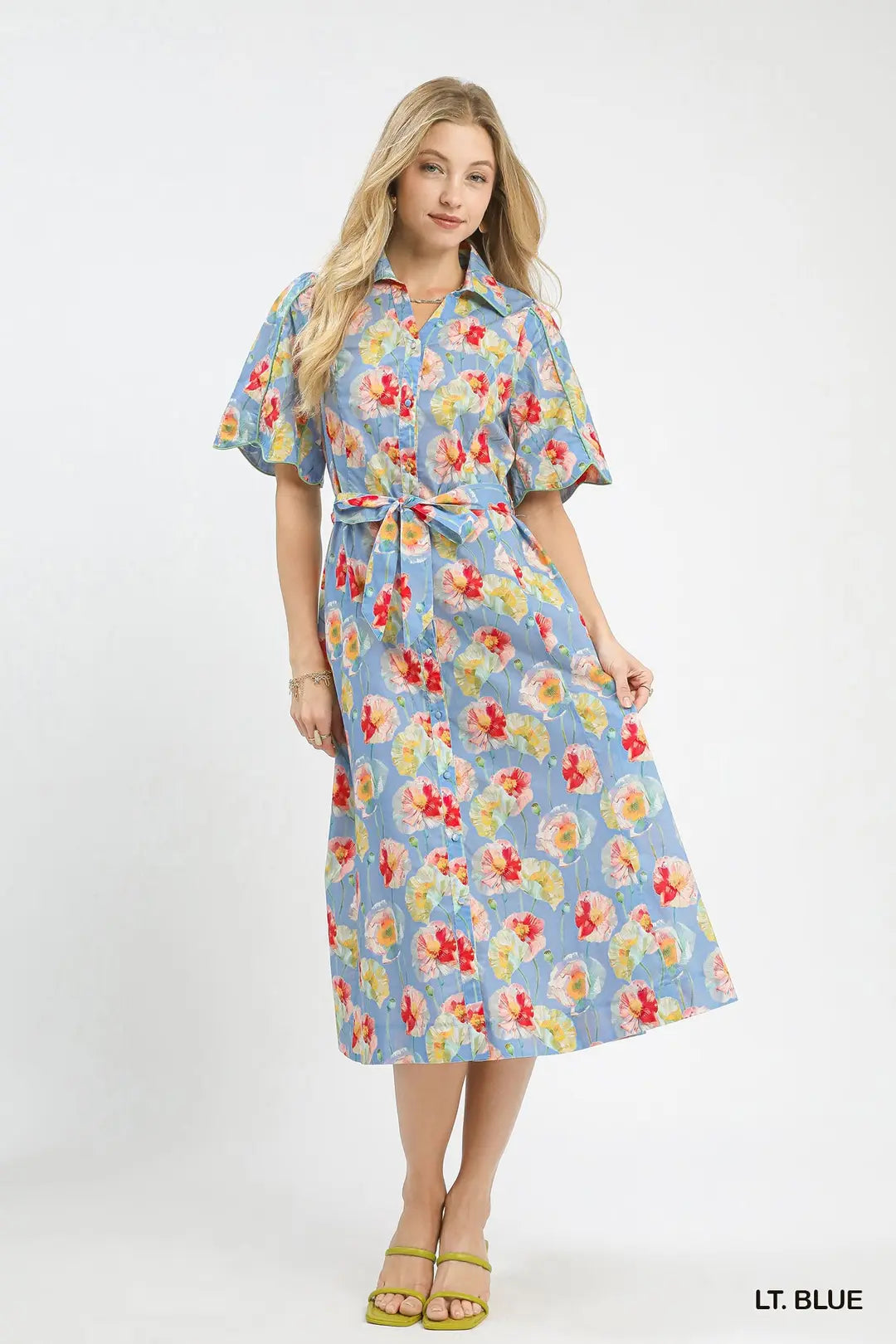 Light Blue Floral Midi Dress with Tie