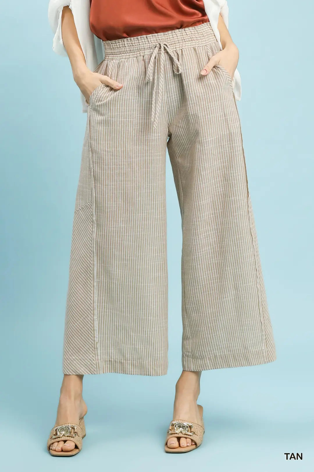 Linen Blend Tan Striped Wide Leg Pants
