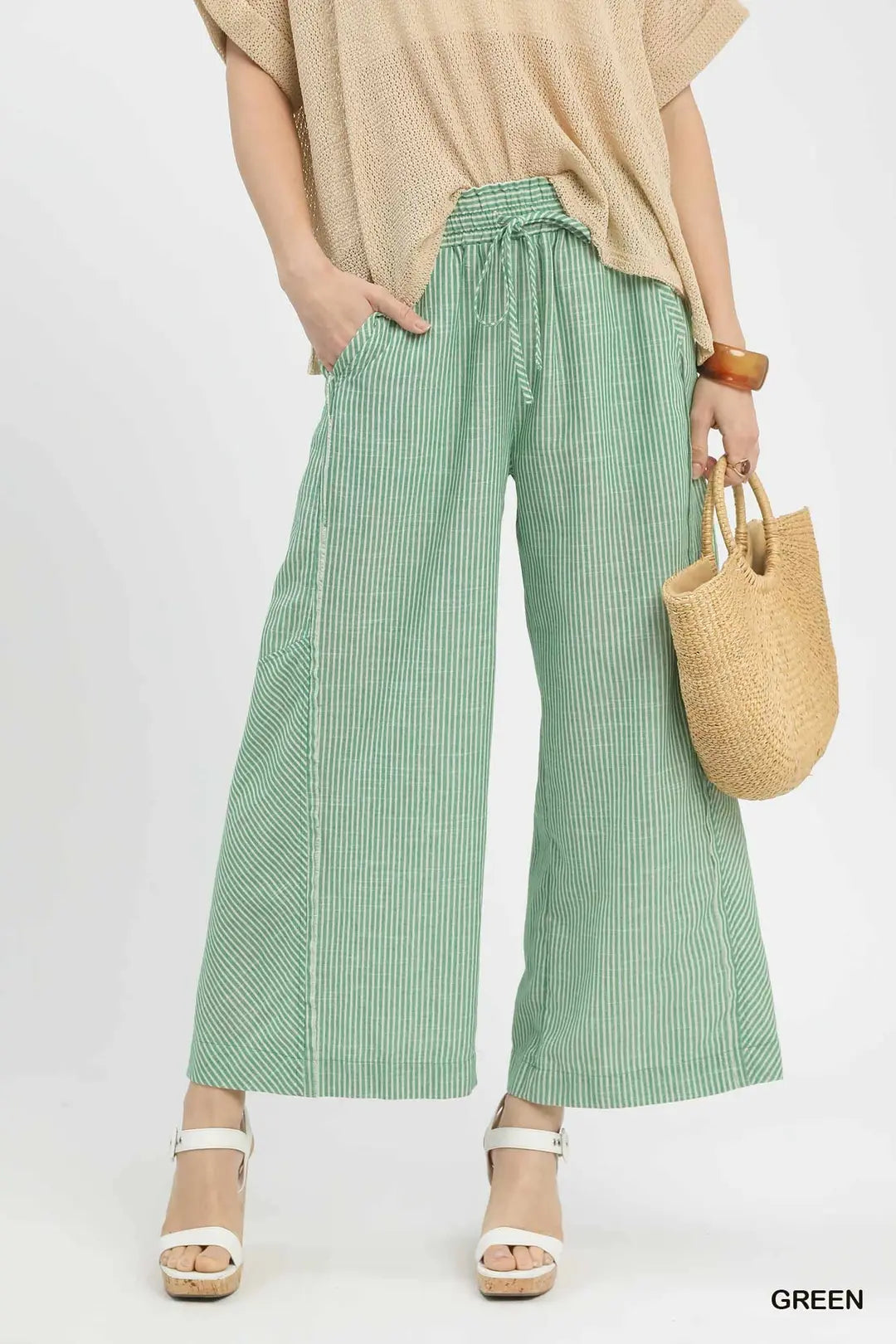 Linen Blend Green Striped Wide Leg Pants