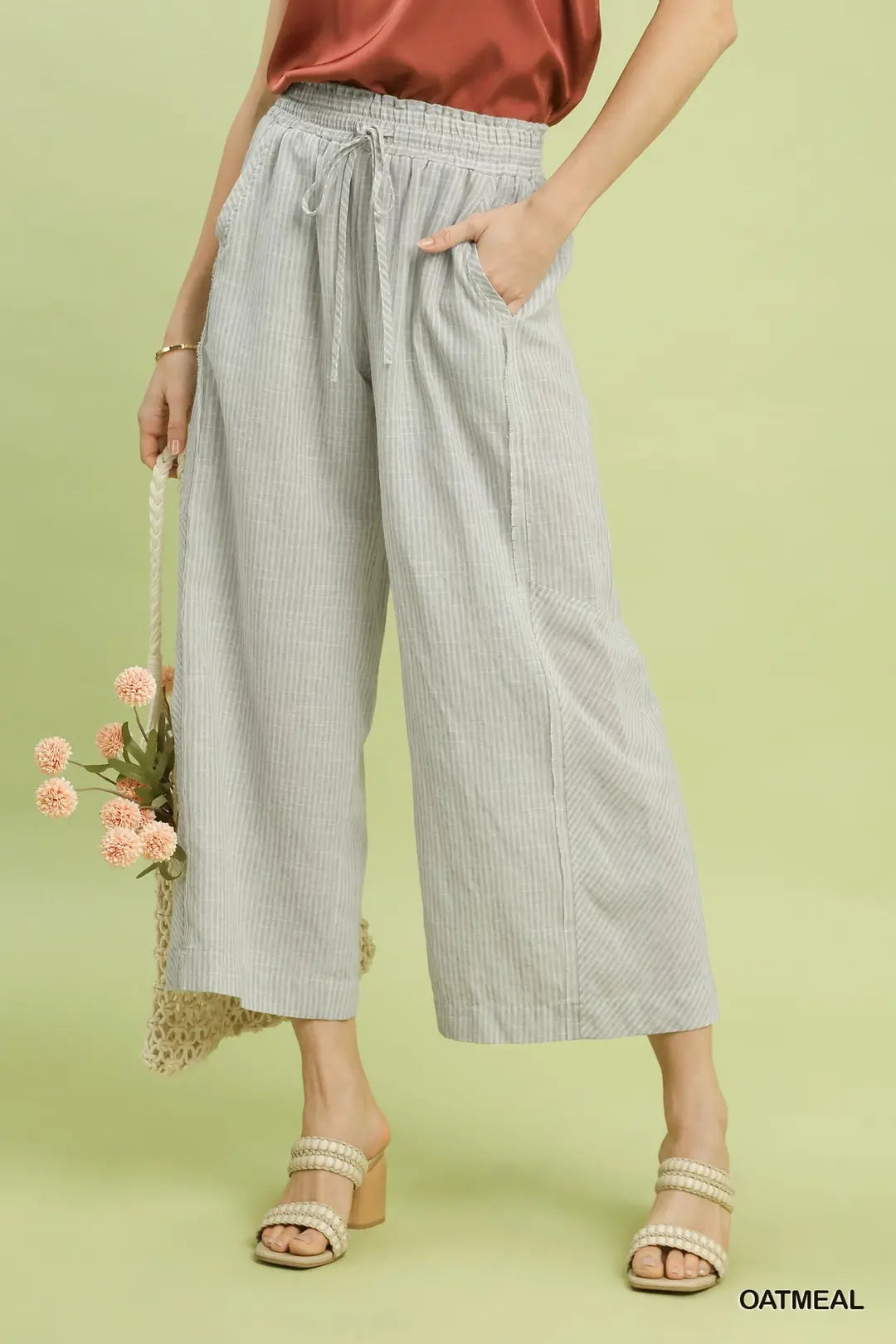 Linen Blend Oatmeal Striped Wide Leg Pants