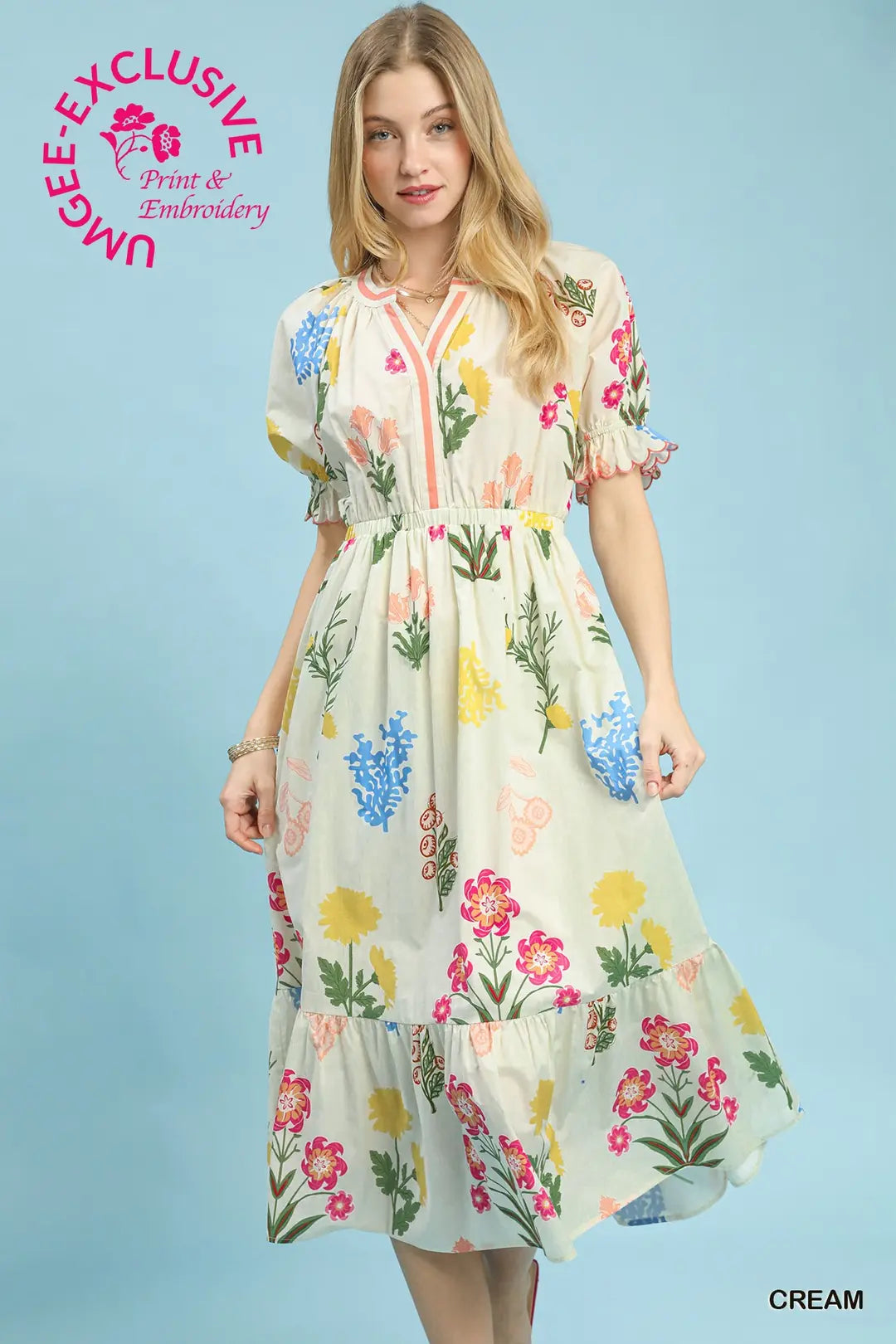 Cream Multi Floral Print Midi Dress