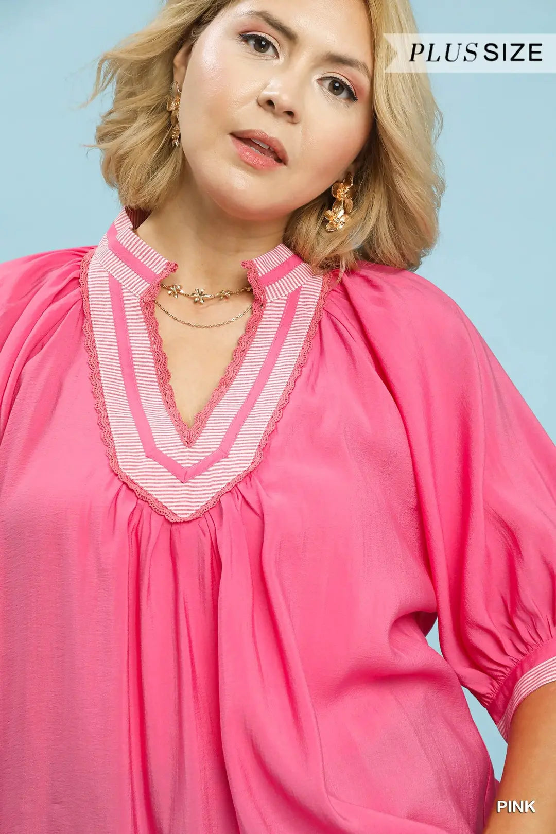 Plus Pink Contrast Solid Blouse
