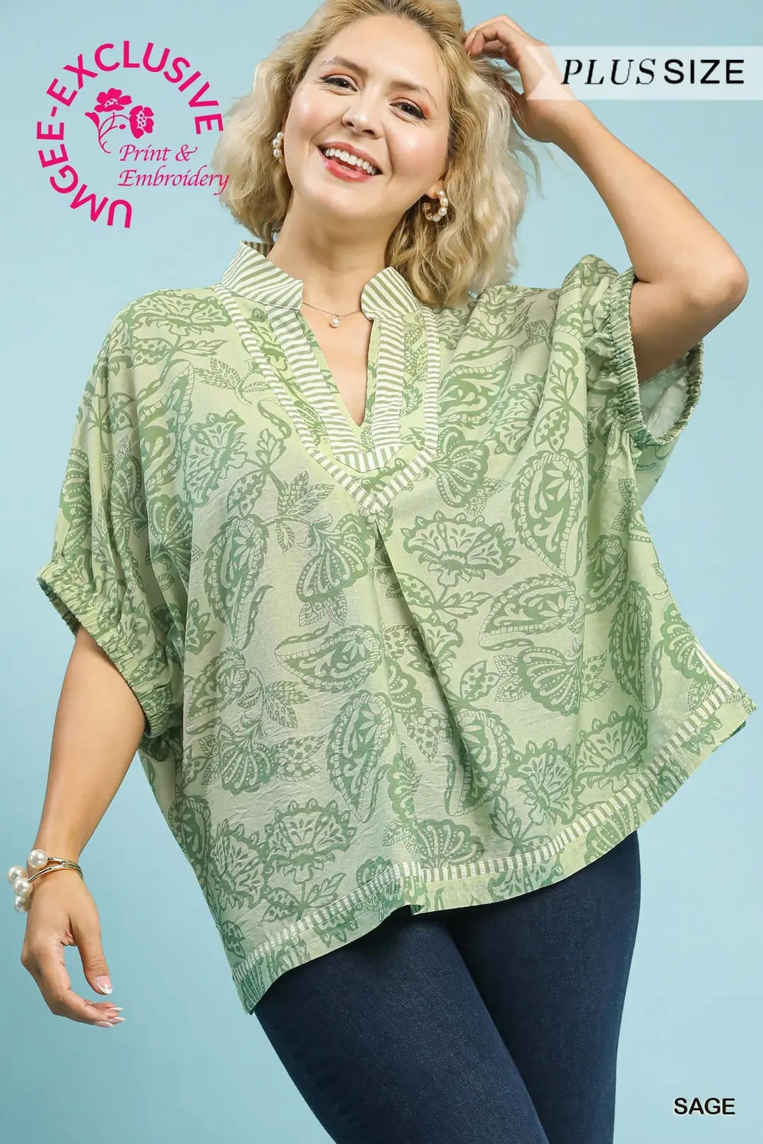 Plus Sage Botanical Print Mixed Top