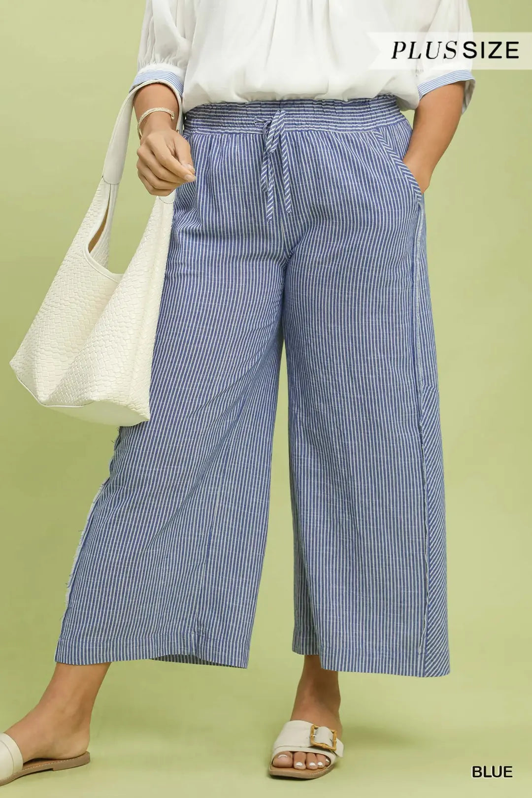 Plus Linen Blend Striped Wide Leg Pants